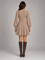 Women's Twist Front Knit Dress – V-Neck Lantern Sleeve in Taupe — back view