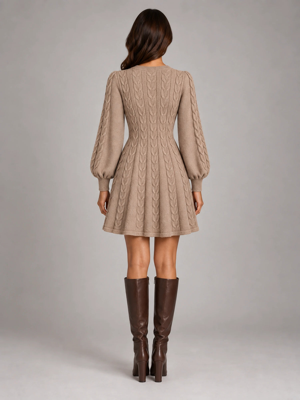 Women's Twist Front Knit Dress – V-Neck Lantern Sleeve in Taupe — back view