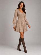 Women's Twist Front Knit Dress – V-Neck Lantern Sleeve in Taupe — alternate view