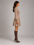 Women's Twist Front Knit Dress – V-Neck Lantern Sleeve in Taupe — side view