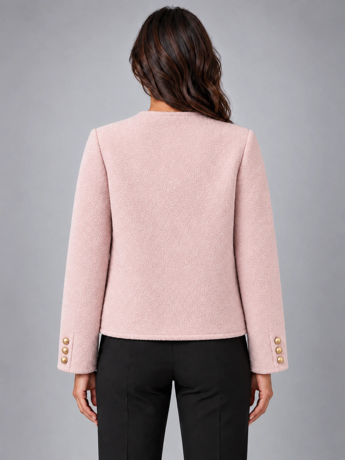 Women's Bouclé Jacket – Two Patch Pocket in Blush Pink — back view