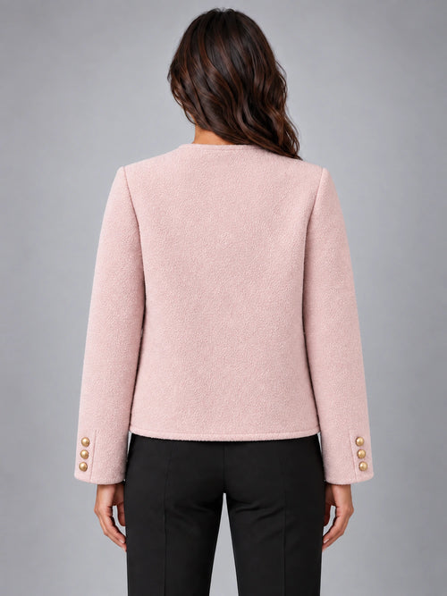 Women's Bouclé Jacket – Two Patch Pocket in Blush Pink — back view