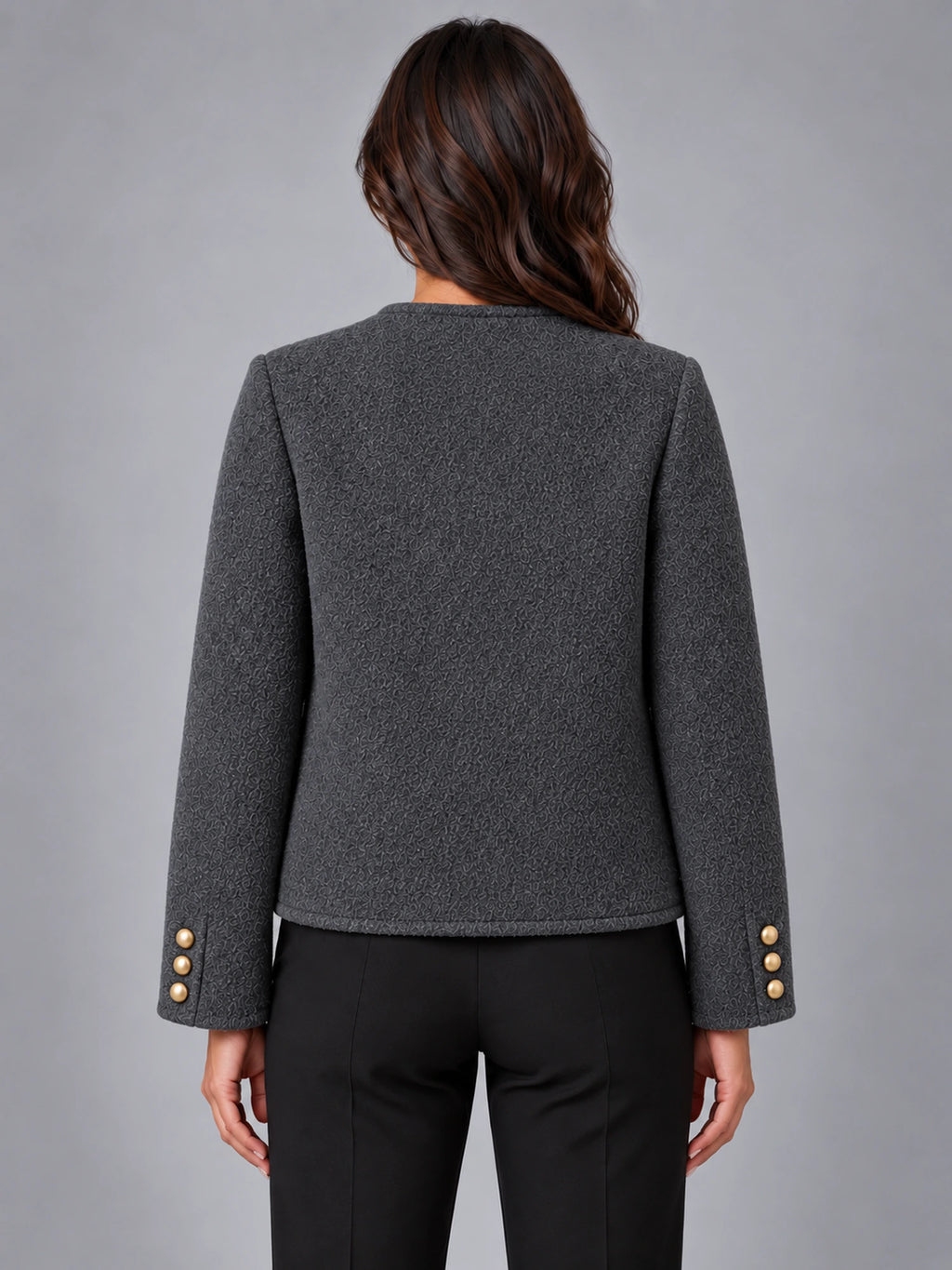 Women's Bouclé Jacket – Two Patch Pocket in Charcoal — back view