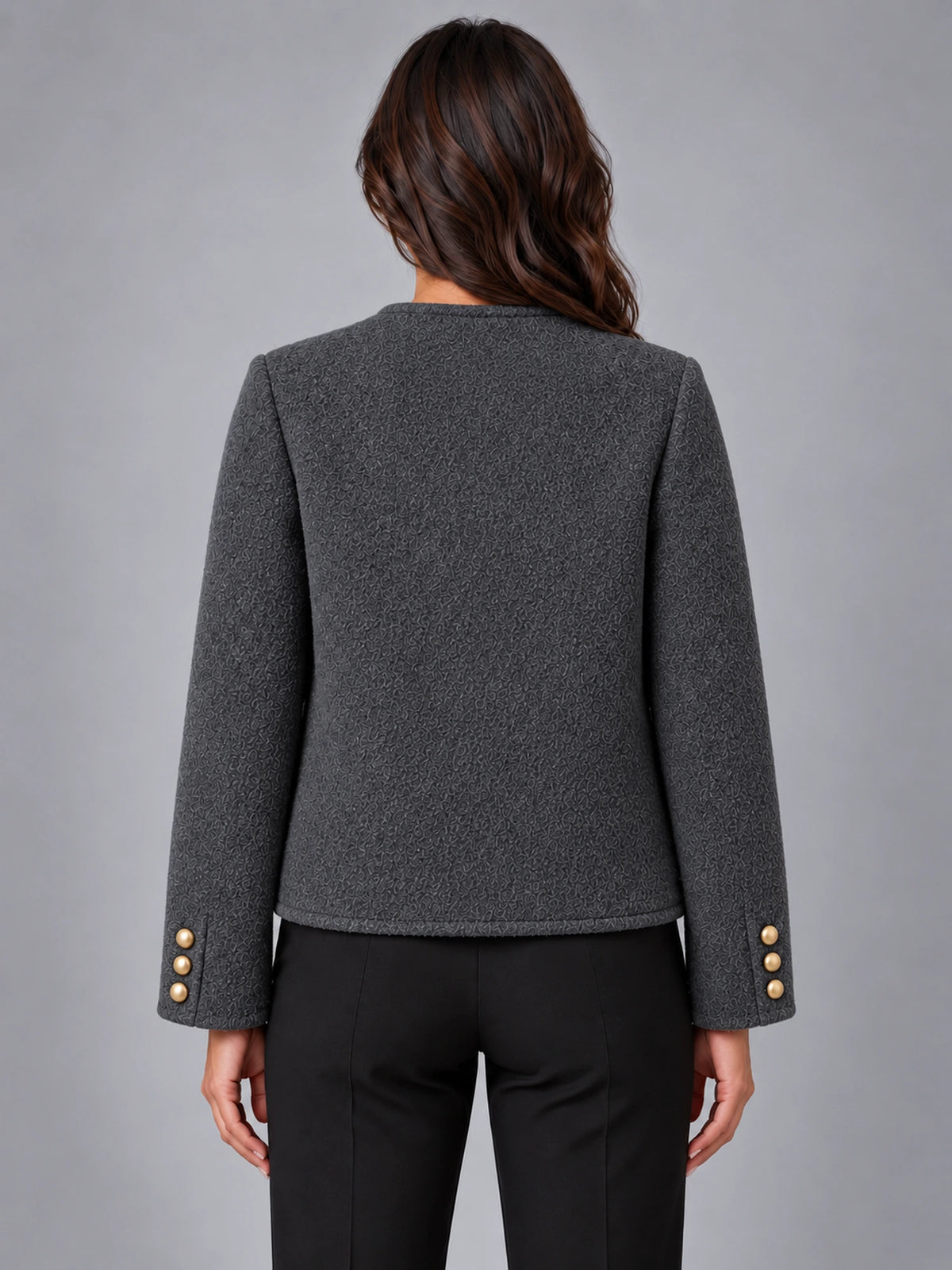 Women's Bouclé Jacket – Two Patch Pocket in Charcoal — back view