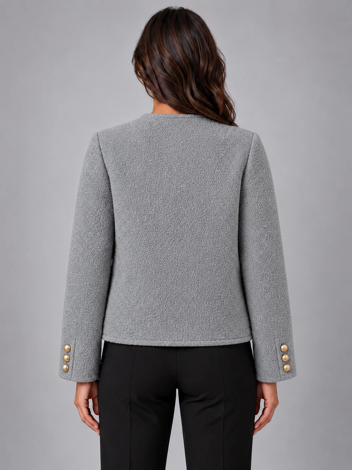 Women's Bouclé Jacket – Two Patch Pocket in Grey — back view