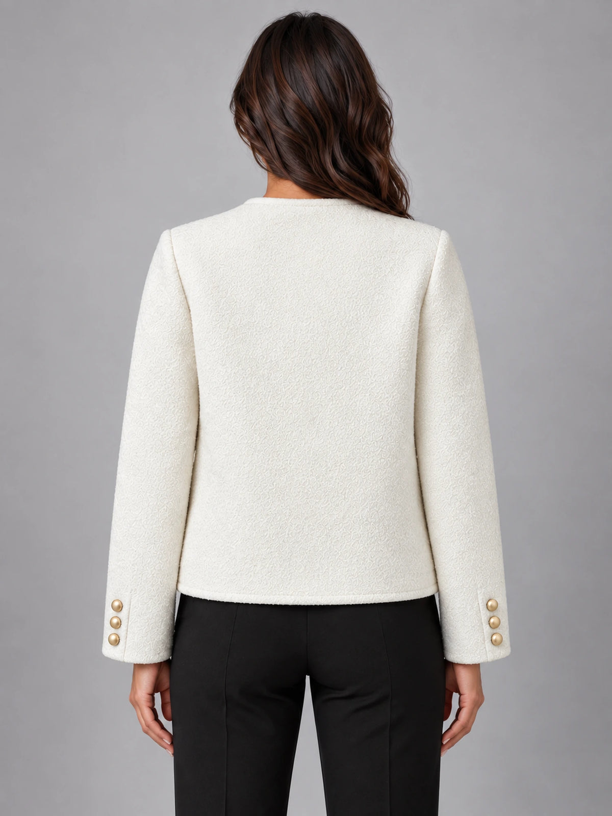 Women's Bouclé Jacket – Two Patch Pocket in White — back view
