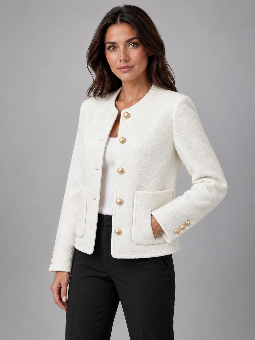 Women's Bouclé Jacket – Two Patch Pocket in White — alternate view