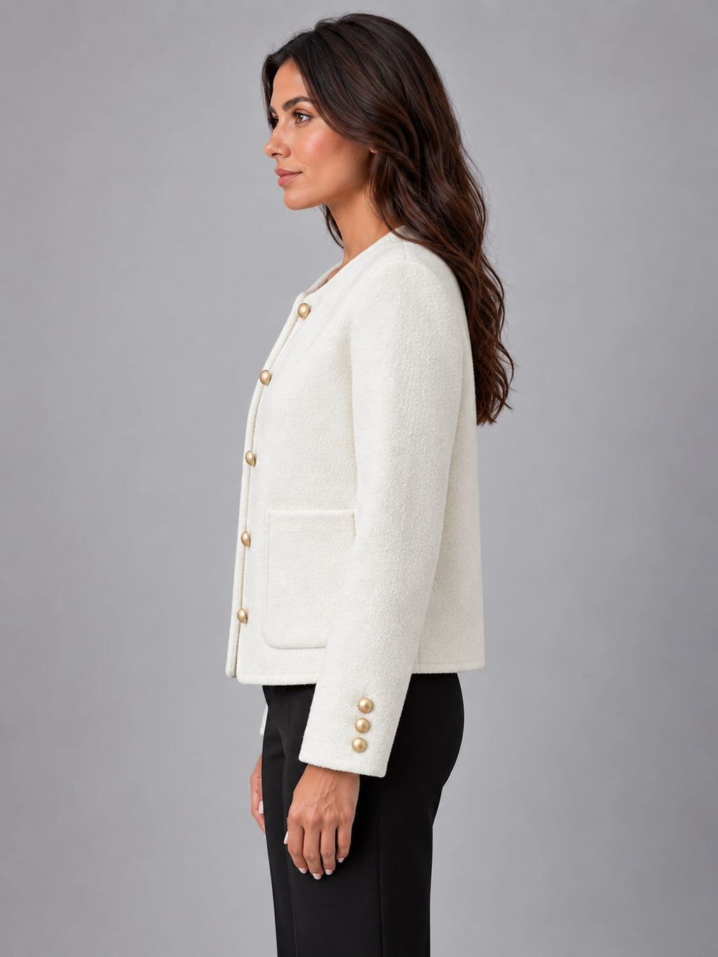 Women's Bouclé Jacket – Two Patch Pocket in White — side view