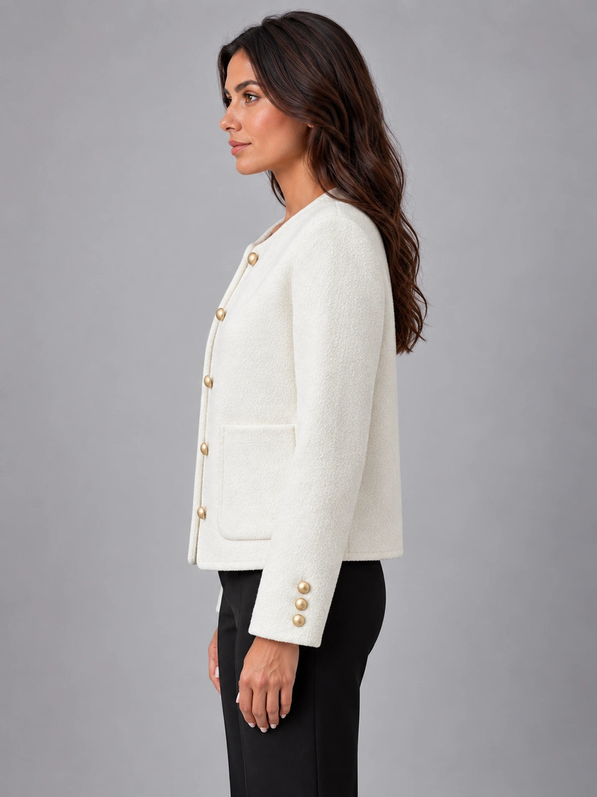 Women's Bouclé Jacket – Two Patch Pocket in White — side view