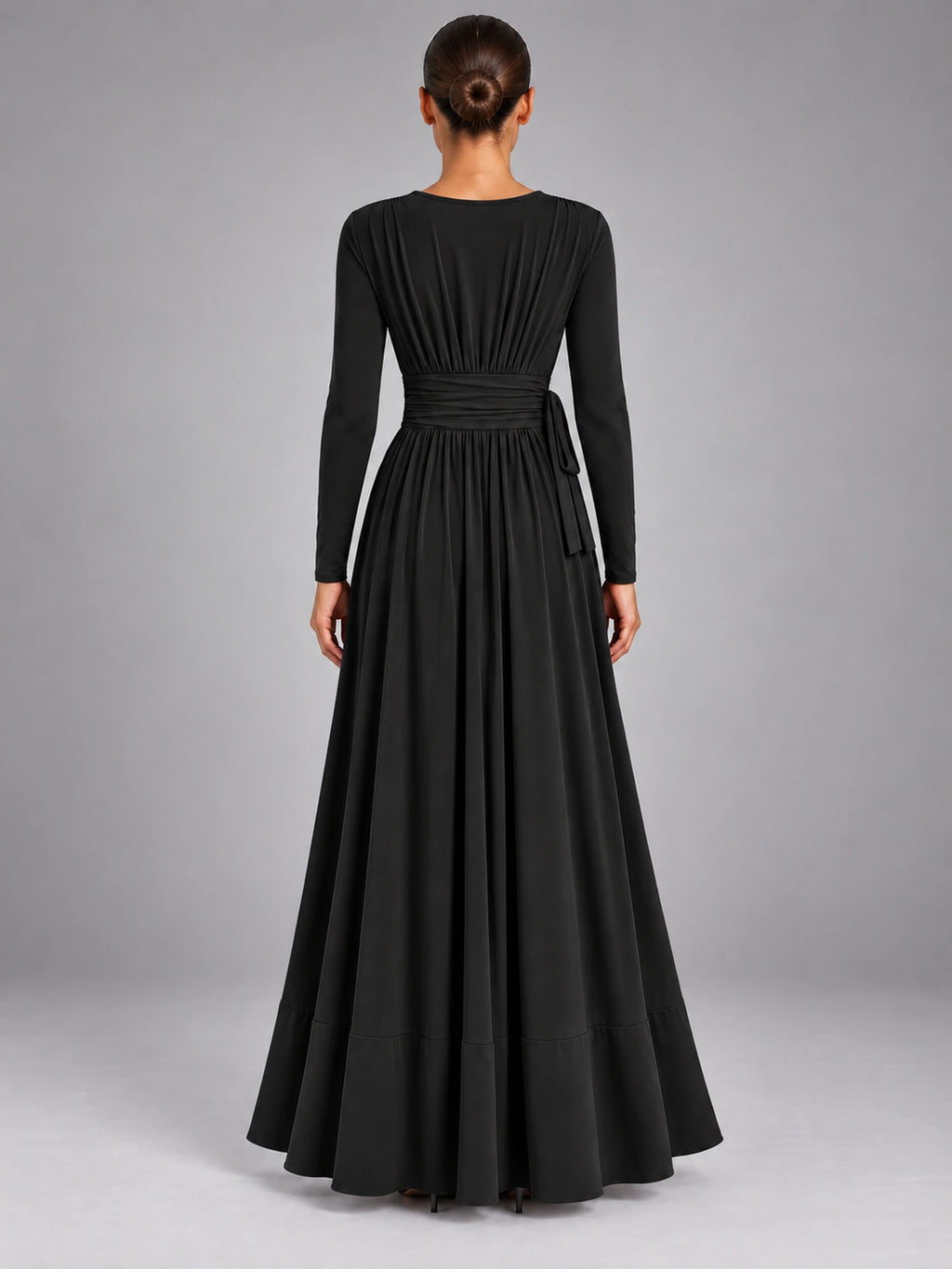 Women's V-Neck Draped Maxi Dress – A-Line Strappy in Black — back view