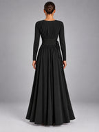 Women's V-Neck Draped Maxi Dress – A-Line Strappy in Black — back view