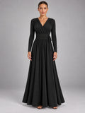 Women's V-Neck Draped Maxi Dress – A-Line Strappy in Black — front view