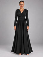 Women's V-Neck Draped Maxi Dress – A-Line Strappy in Black — front view