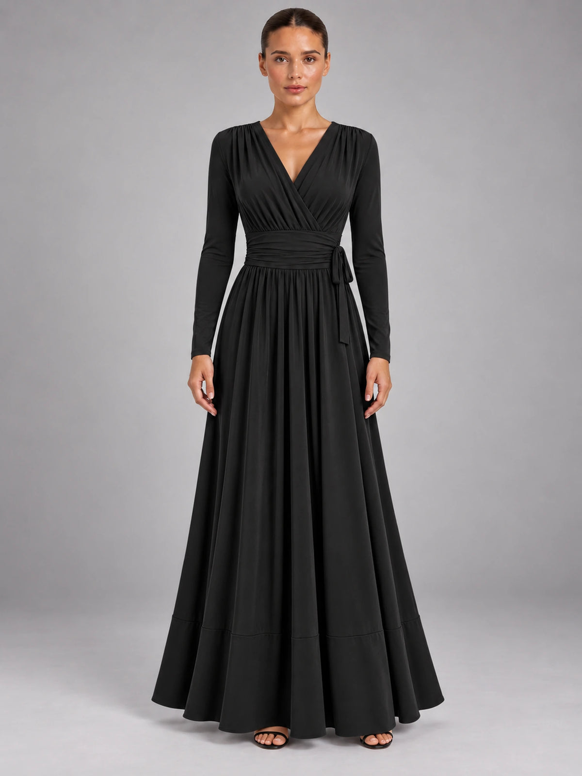 Women's V-Neck Draped Maxi Dress – A-Line Strappy in Black — front view