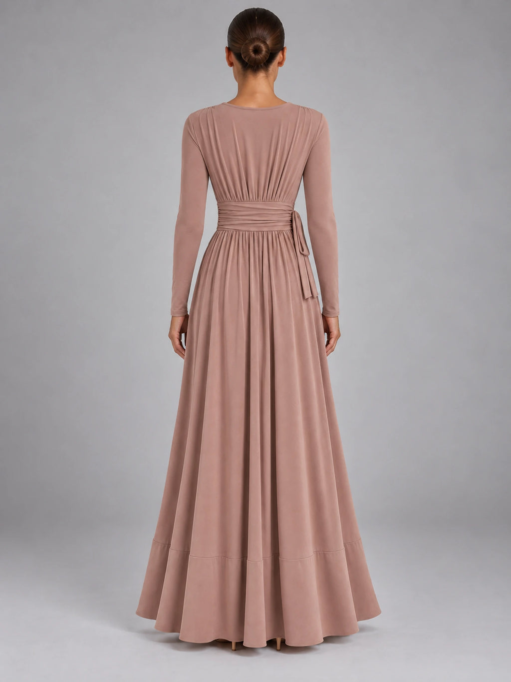Women's V-Neck Draped Maxi Dress – A-Line Strappy in Dusty Rose — back view