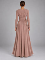 Women's V-Neck Draped Maxi Dress – A-Line Strappy in Dusty Rose — back view