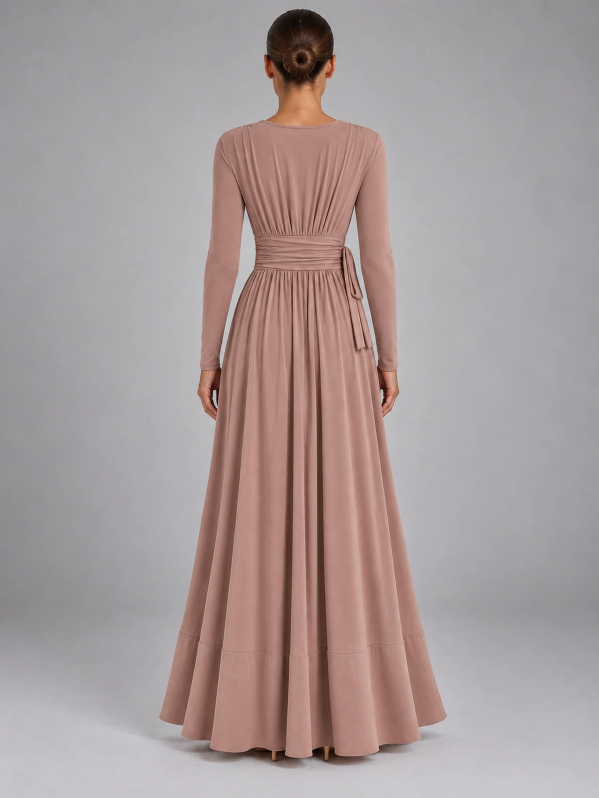 Women's V-Neck Draped Maxi Dress – A-Line Strappy in Dusty Rose — back view