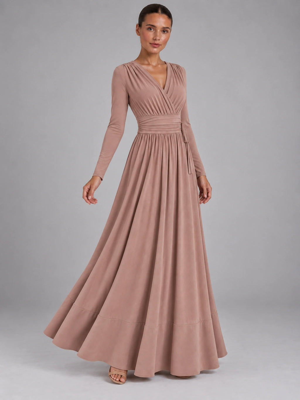 Women's V-Neck Draped Maxi Dress – A-Line Strappy in Dusty Rose — alternate view