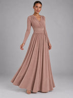 Women's V-Neck Draped Maxi Dress – A-Line Strappy in Dusty Rose — alternate view
