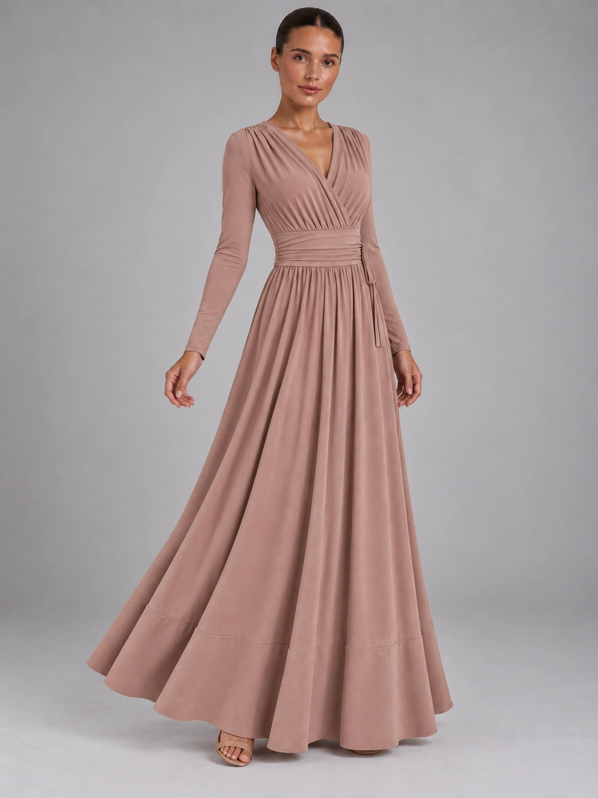 Women's V-Neck Draped Maxi Dress – A-Line Strappy in Dusty Rose — alternate view