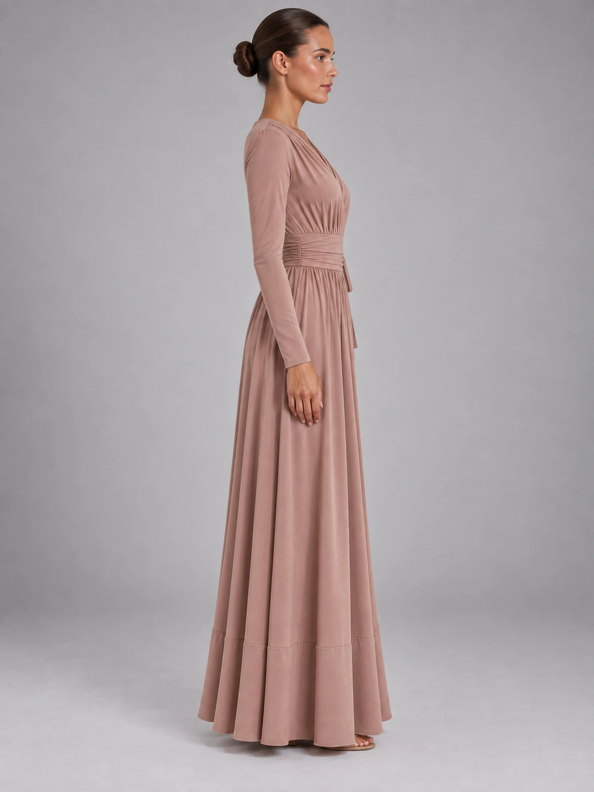 Women's V-Neck Draped Maxi Dress – A-Line Strappy in Dusty Rose — side view