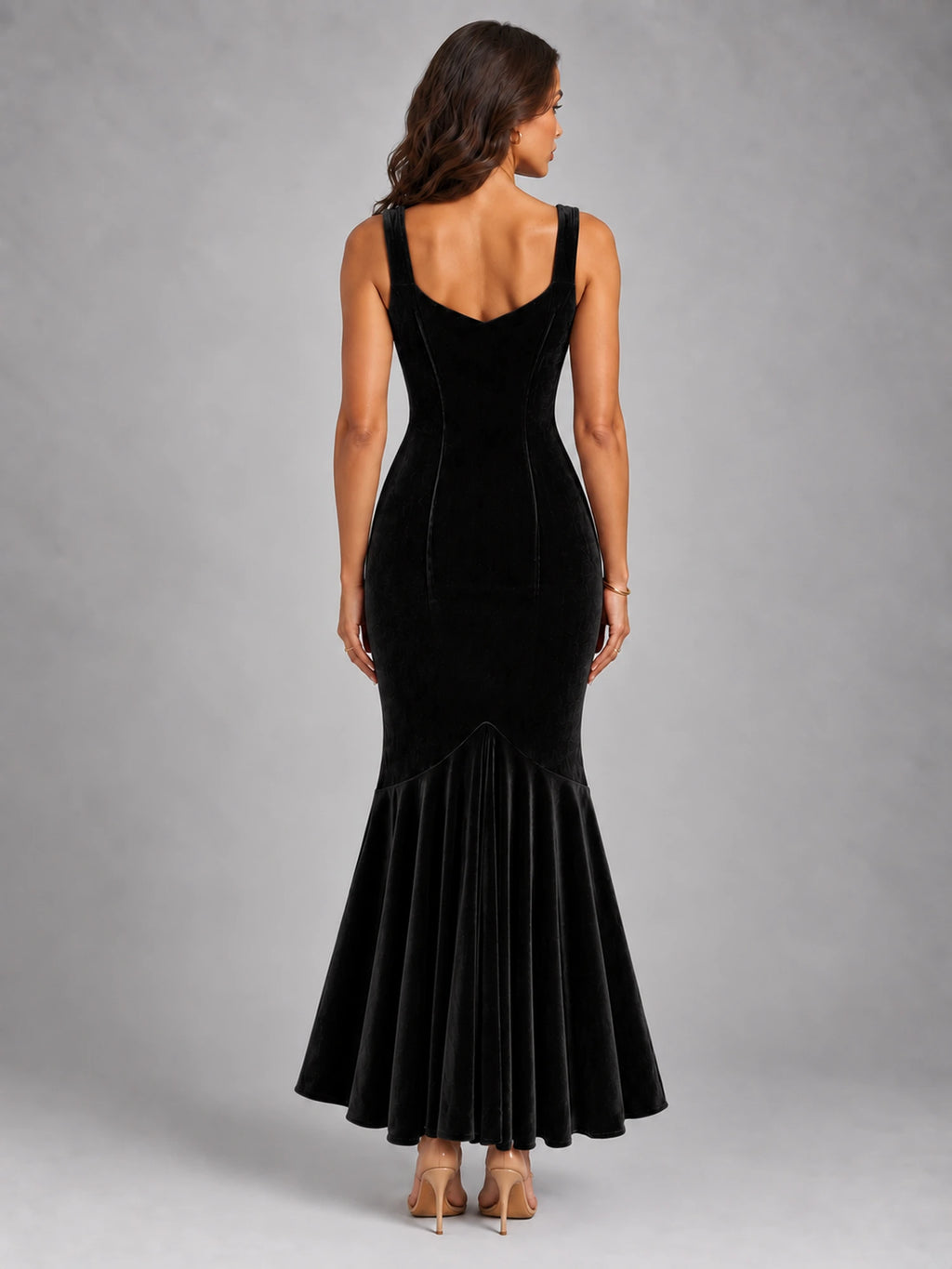 Women's Velvet Fishtail Dress – Strappy Evening Maxi in Black — back view