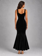 Women's Velvet Fishtail Dress – Strappy Evening Maxi in Black — back view