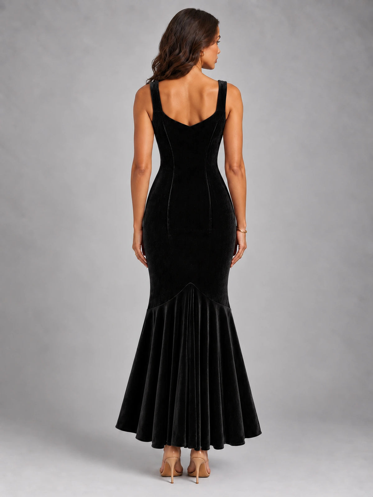 Women's Velvet Fishtail Dress – Strappy Evening Maxi in Black — back view
