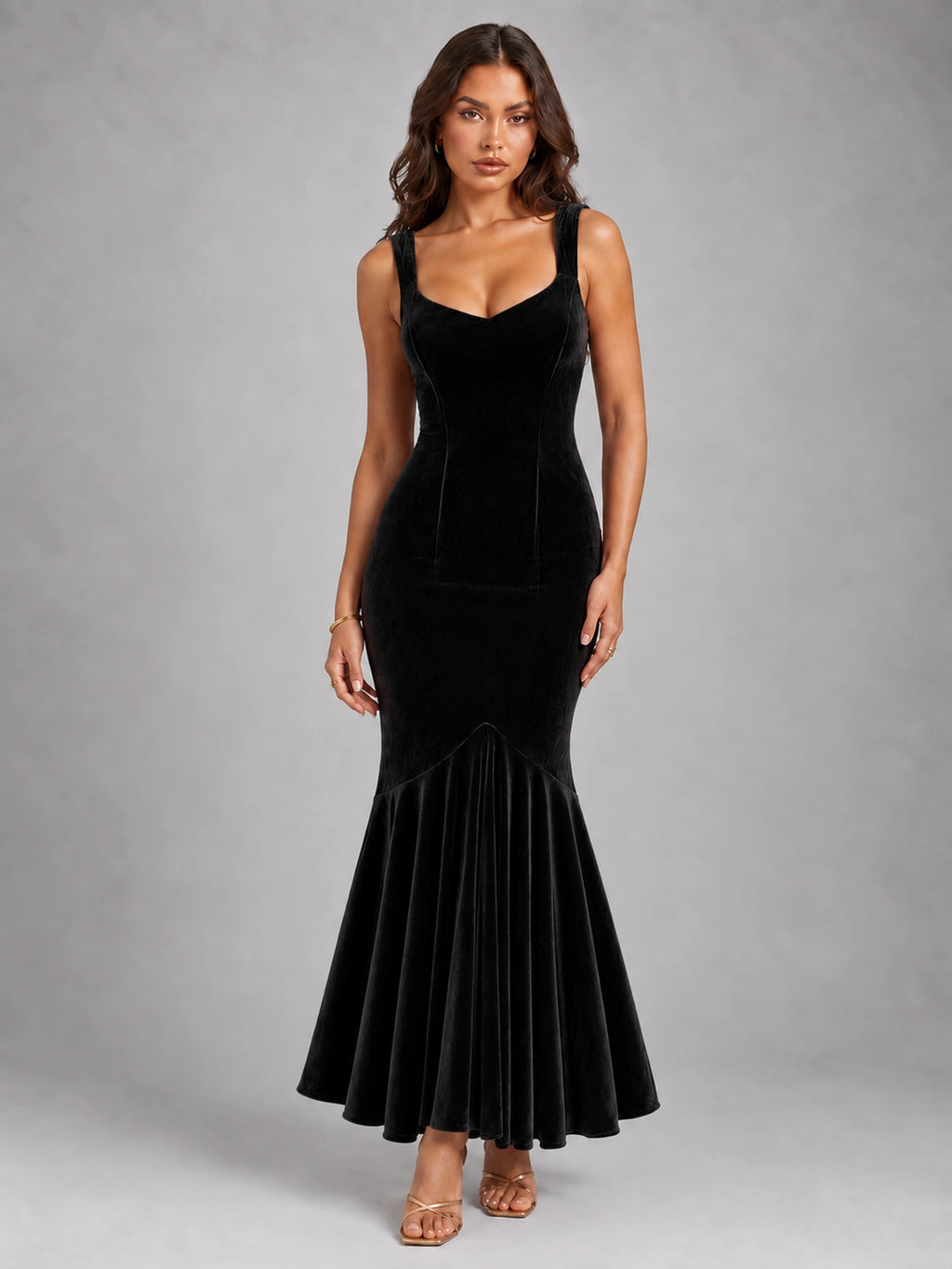 Women's Velvet Fishtail Dress – Strappy Evening Maxi in Black — front view
