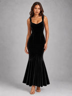 Women's Velvet Fishtail Dress – Strappy Evening Maxi in Black — front view