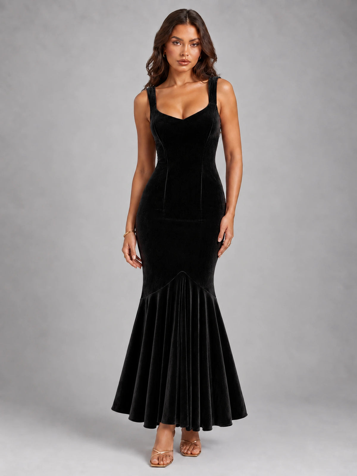 Women's Velvet Fishtail Dress – Strappy Evening Maxi in Black — front view