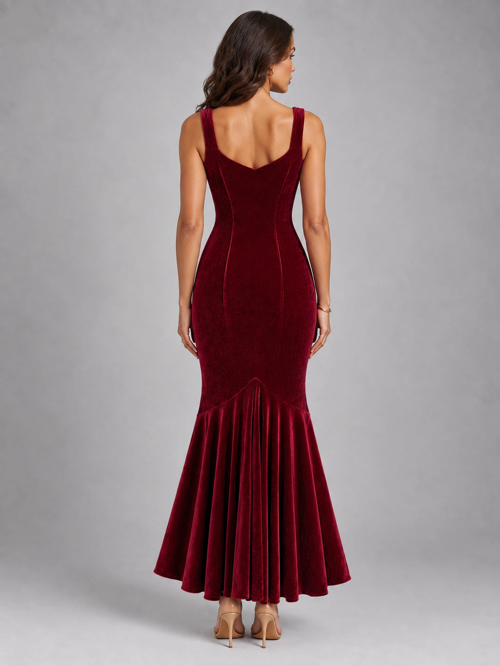 Women's Velvet Fishtail Dress – Strappy Evening Maxi in Burgundy — back view