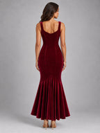Women's Velvet Fishtail Dress – Strappy Evening Maxi in Burgundy — back view