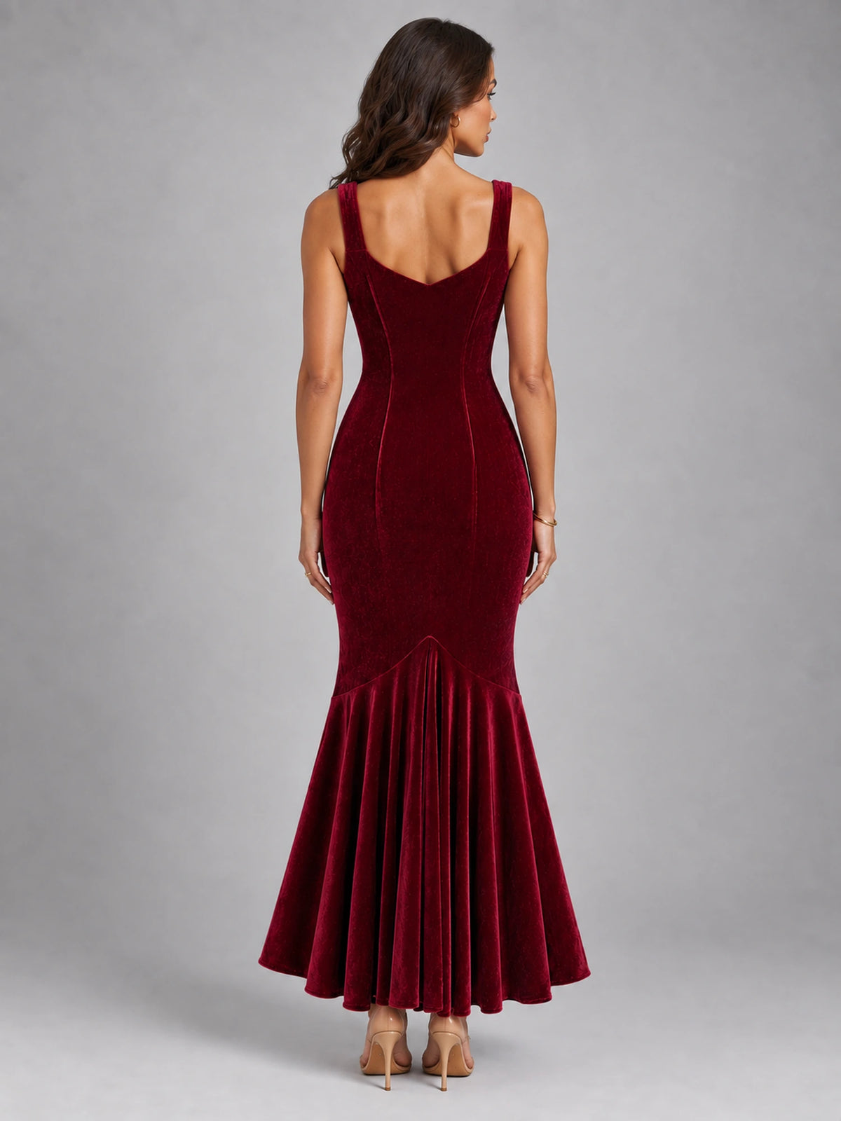 Women's Velvet Fishtail Dress – Strappy Evening Maxi in Burgundy — back view
