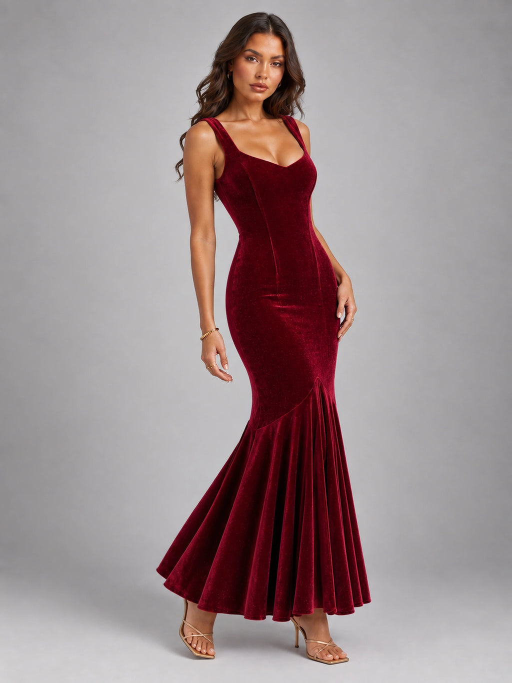 Women's Velvet Fishtail Dress – Strappy Evening Maxi in Burgundy — alternate view