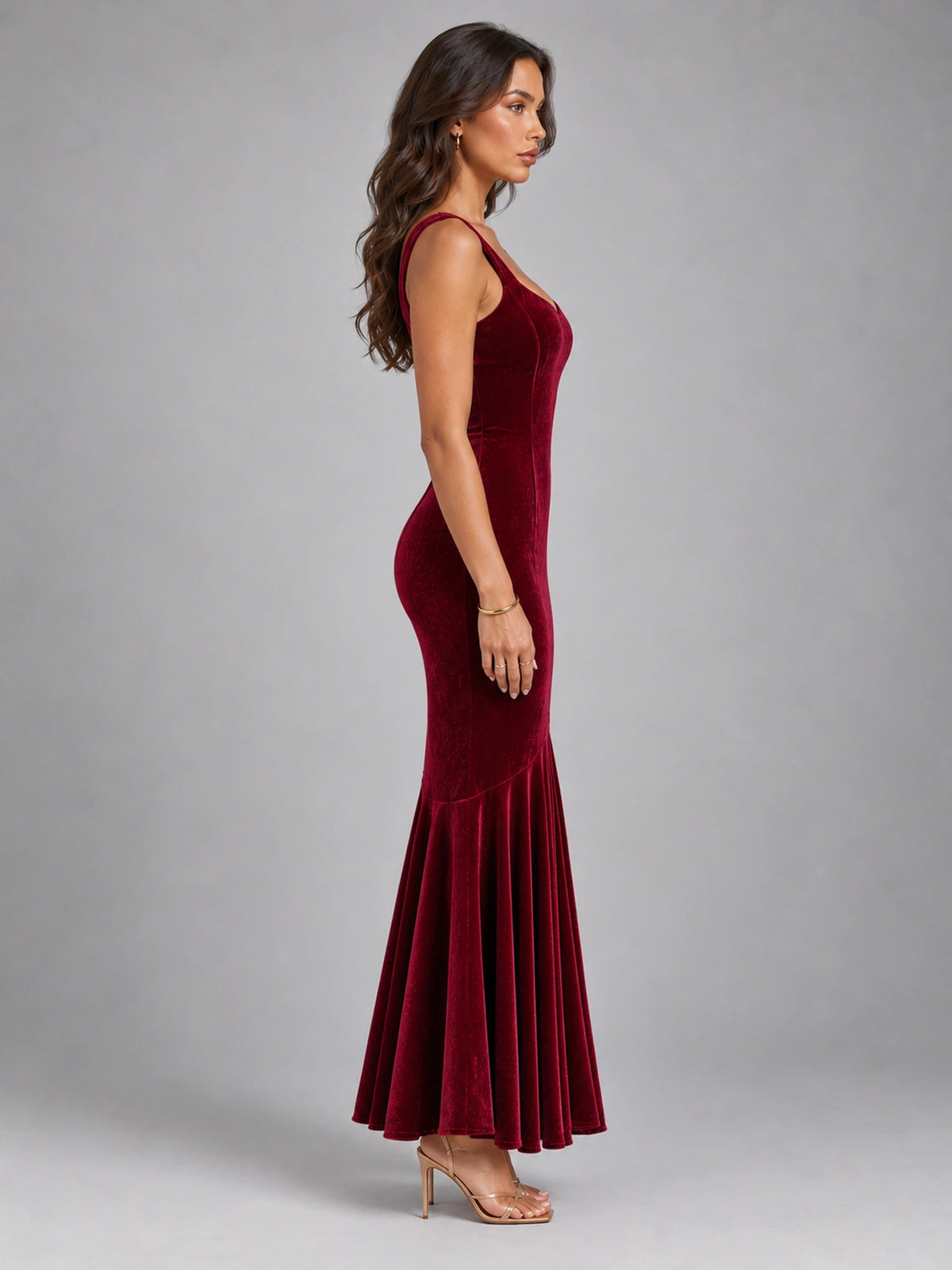 Women's Velvet Fishtail Dress – Strappy Evening Maxi in Burgundy — side view