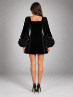 Women's Velvet Mini Dress – Puff Sleeve Square Neck in Black — back view