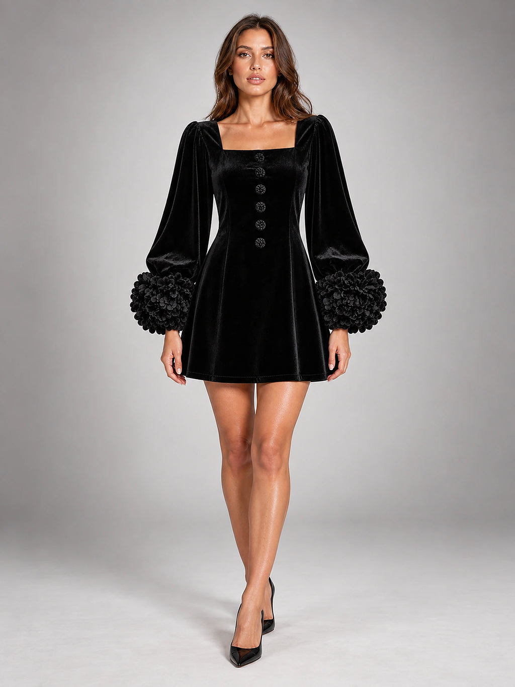 Women's Velvet Mini Dress – Puff Sleeve Square Neck in Black — front view