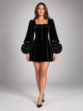 Women's Velvet Mini Dress – Puff Sleeve Square Neck in Black — front view