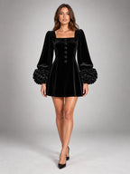 Women's Velvet Mini Dress – Puff Sleeve Square Neck in Black — front view