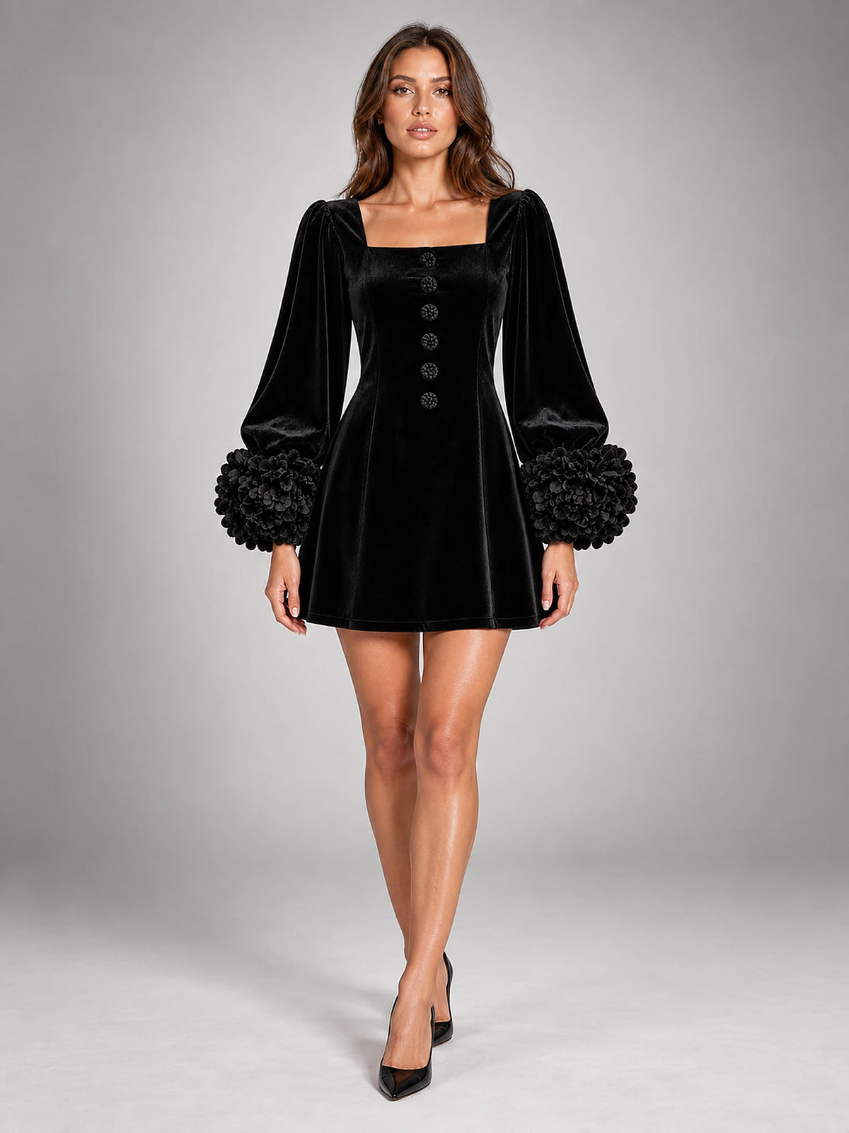 Women's Velvet Mini Dress – Puff Sleeve Square Neck in Black — front view
