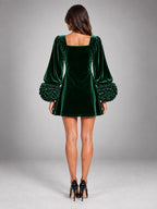 Women's Velvet Mini Dress – Puff Sleeve Square Neck in Green — back view