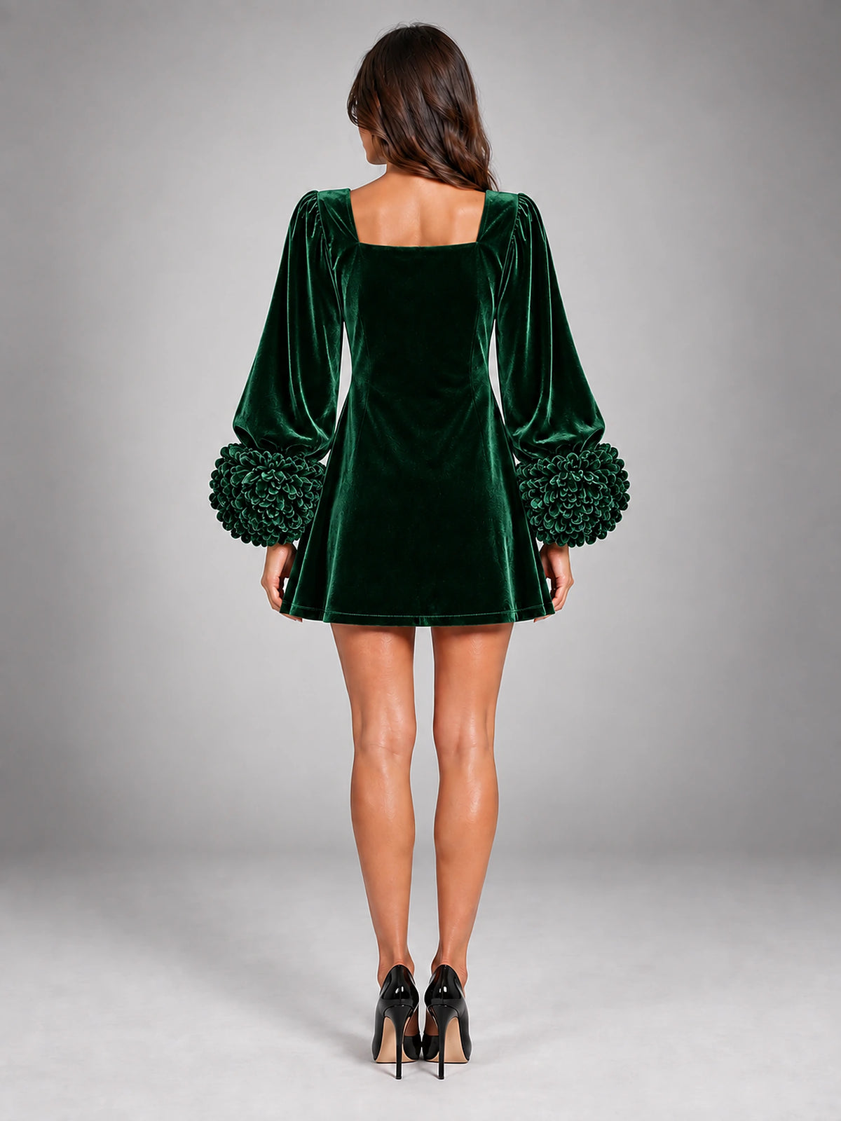 Women's Velvet Mini Dress – Puff Sleeve Square Neck in Green — back view