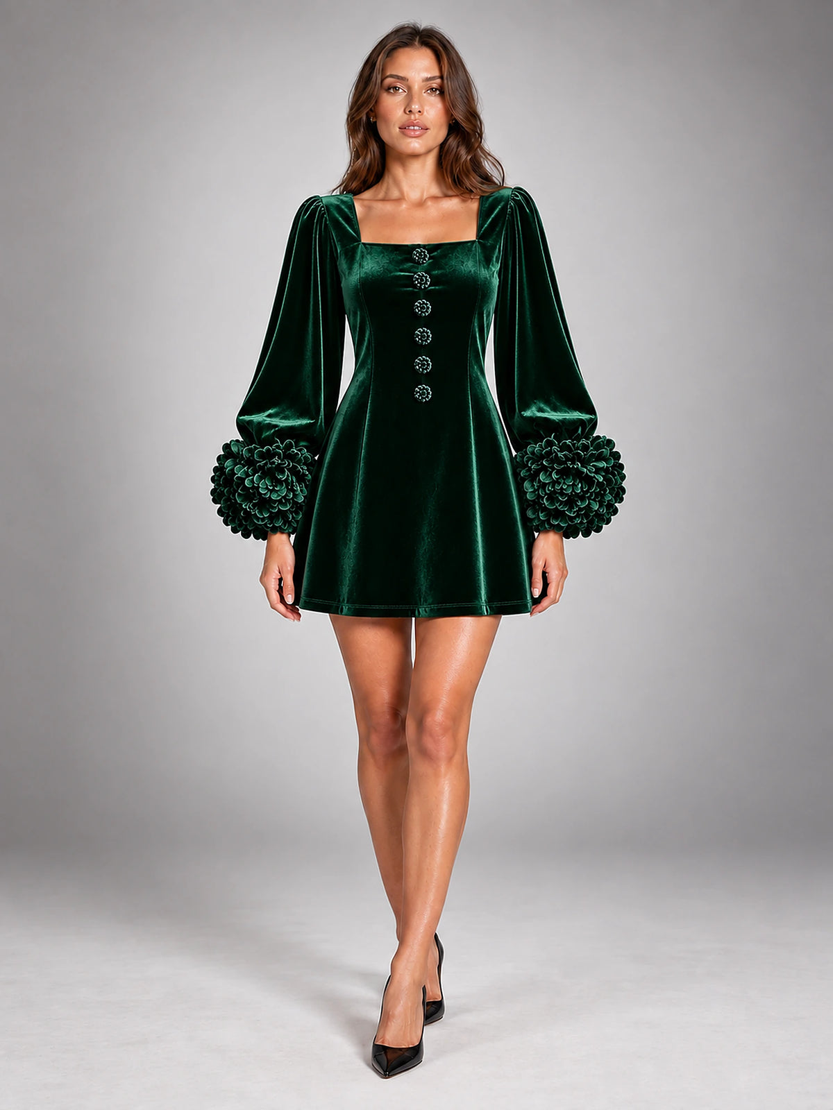 Women's Velvet Mini Dress – Puff Sleeve Square Neck in Green — front view