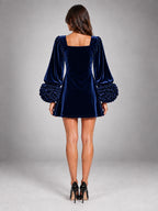 Women's Velvet Mini Dress – Puff Sleeve Square Neck in Navy Blue — back view