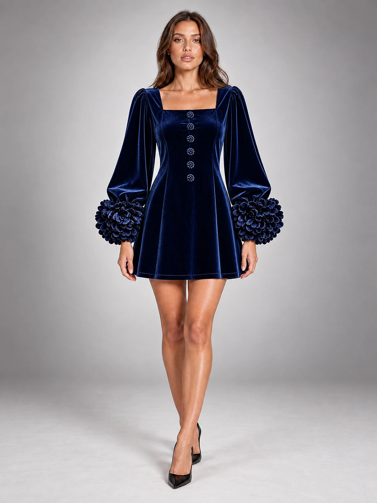 Women's Velvet Mini Dress – Puff Sleeve Square Neck in Navy Blue — front view
