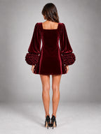 Women's Velvet Mini Dress – Puff Sleeve Square Neck in Wine Red — back view