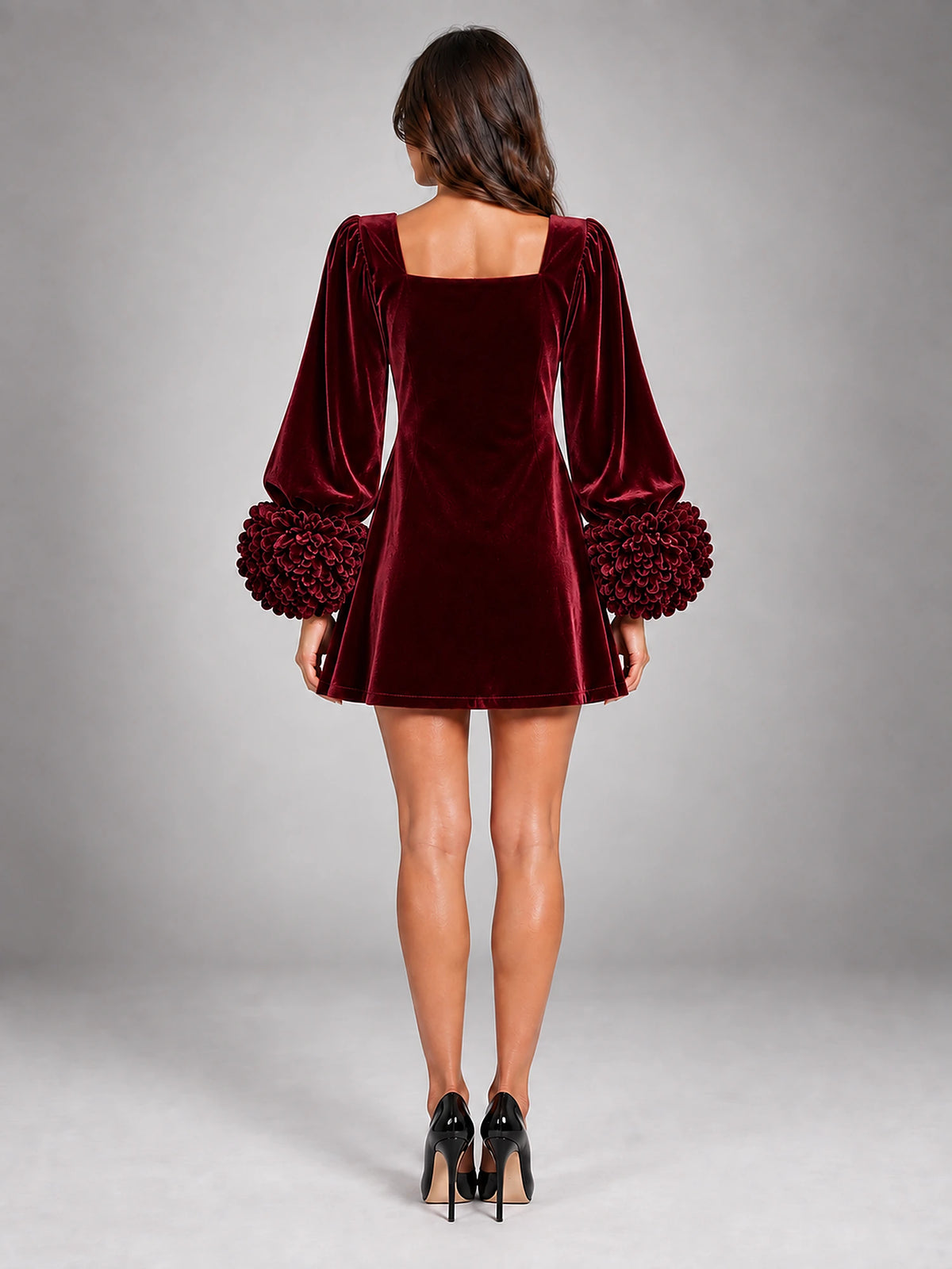 Women's Velvet Mini Dress – Puff Sleeve Square Neck in Wine Red — back view