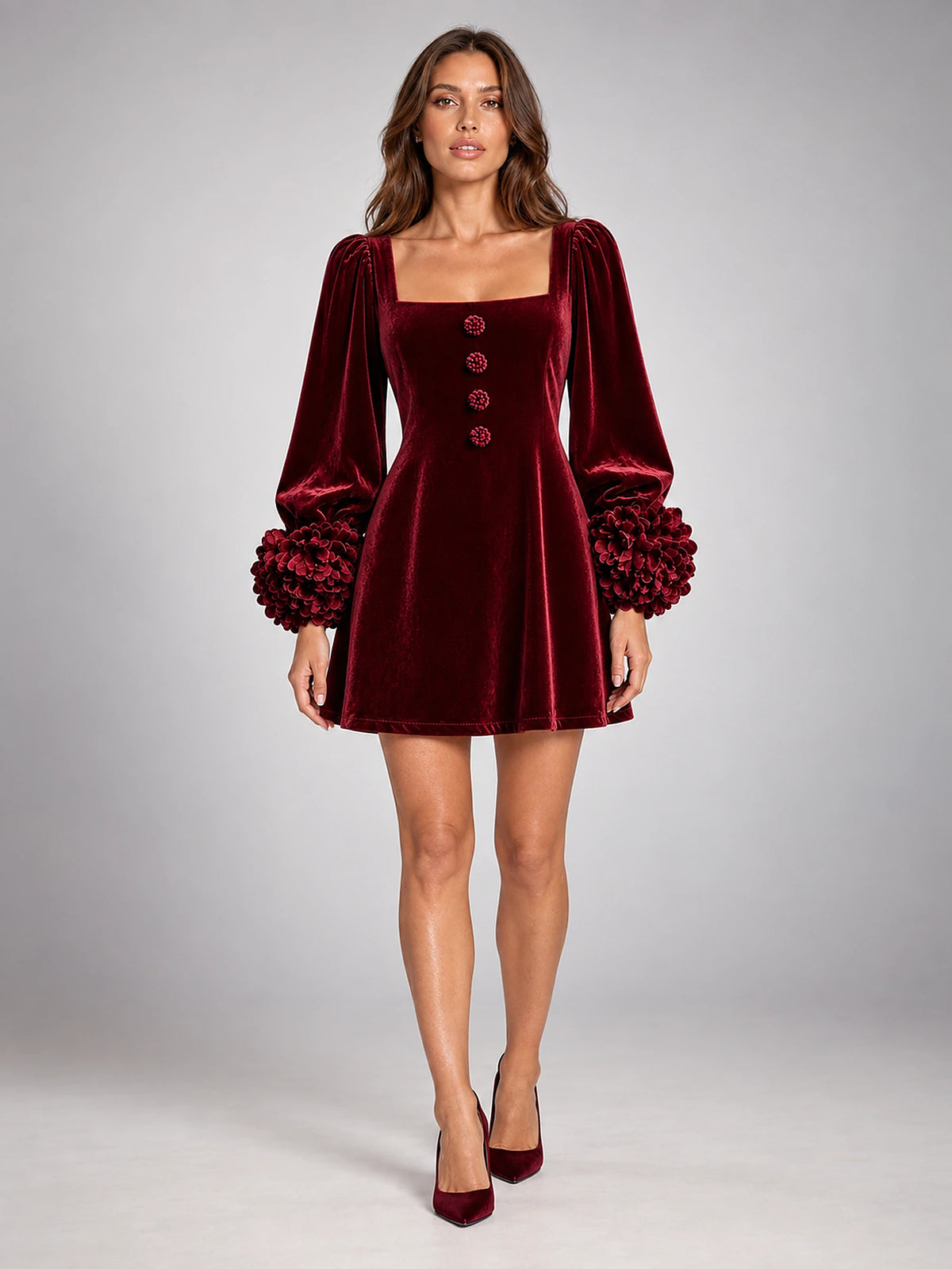 Women's Velvet Mini Dress – Puff Sleeve Square Neck in Wine Red — front view