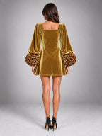 Women's Velvet Mini Dress – Puff Sleeve Square Neck in Yellow — back view